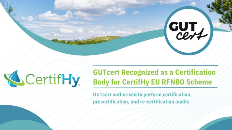Visual banner announcing that GUTcert has been recognized as a Certification Body for the CertifHy EU RFNBO Scheme, with CertifHy and GUTcert logos.
