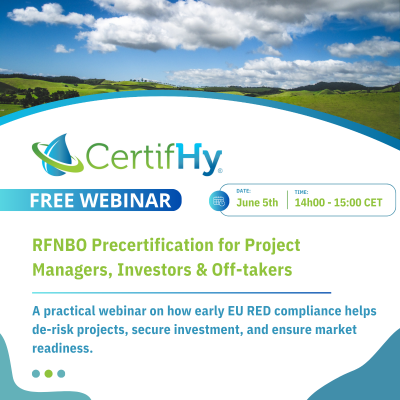 Landscape banner for CertifHy webinar on RFNBO precertification, showing date, time, and title.