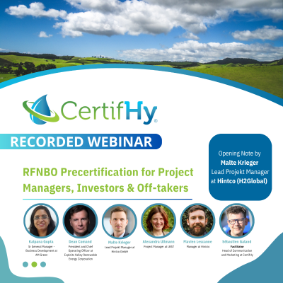 Landscape banner for CertifHy recorded webinar on RFNBO precertification.